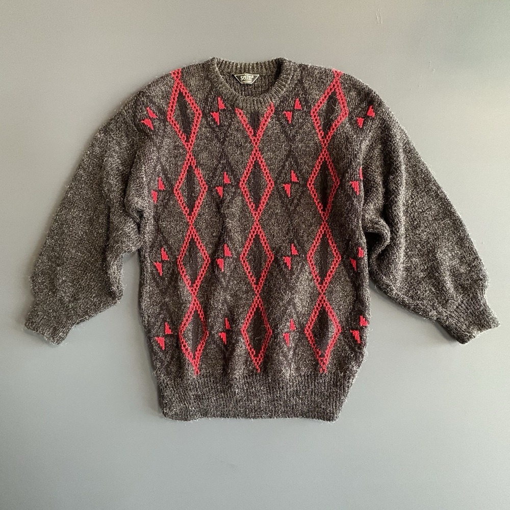 Vintage Women's Selin Argyle Sweater Size Large Black Red 1980s